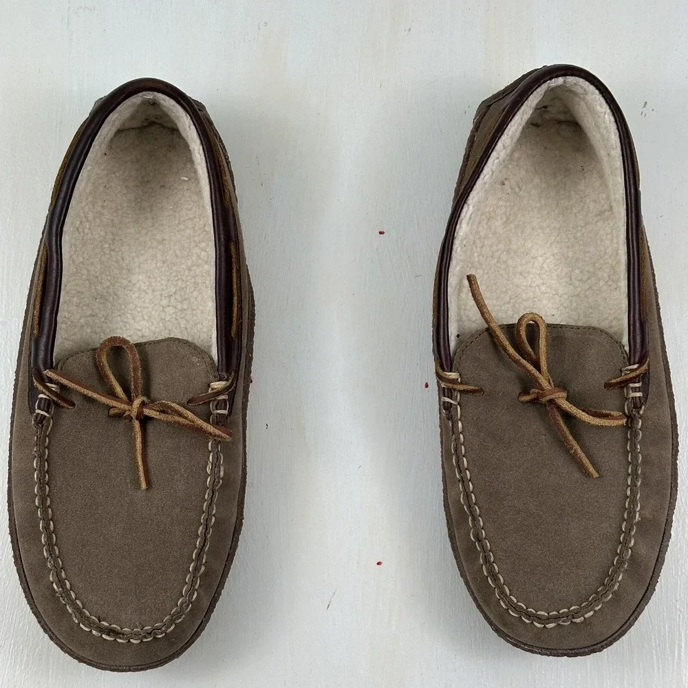 LL‎ Bean  HandSewn Shearling Lined Slippers Mens 8Brown Roughout Suede Moccasins